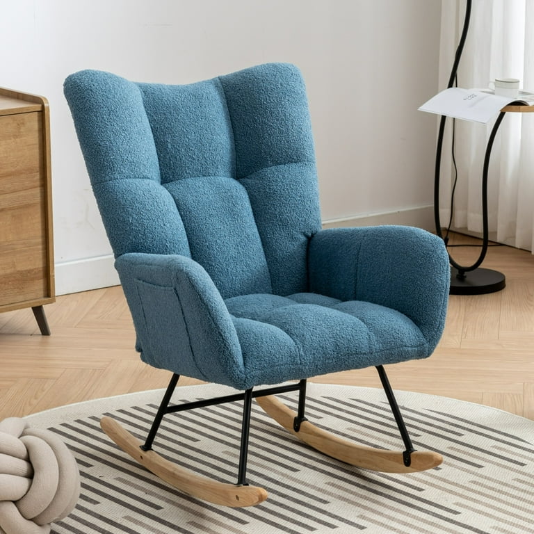 Modern Teddy Velvet Nursery Rocking Chair with Metal Frame, High