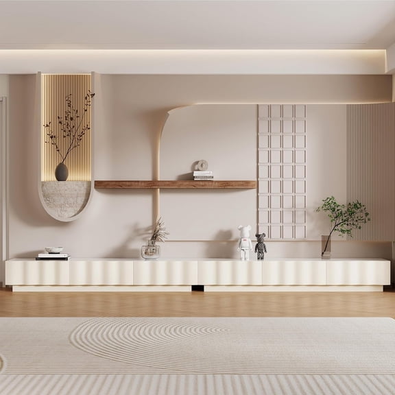 Modern Television Stands with Sintered Stone Top, White Entertainment Center with Storage, Floor Media Console 142" Extra Large TV Console for 75+ Inch TVs