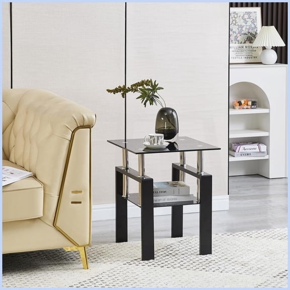 Modern Tempered Black Glass Coffee Table - 2-Layer Space-Saving End Table for Living Room, Easy to Clean