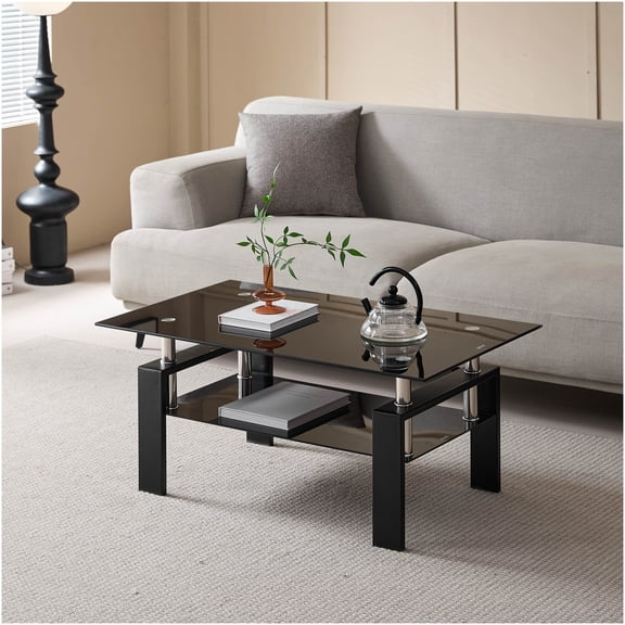 Modern Tempered Glass Coffee Table with 2-Tier Shelves, Transparent Waterfall Edge Design for Living Room