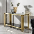 thumbnail image 1 of Modern Tempered Glass Console Table with Mirror Gold Stainless Steel Base - 2-Tier Living Room Sofa Side Table & Decorative Art Piece, 1 of 7