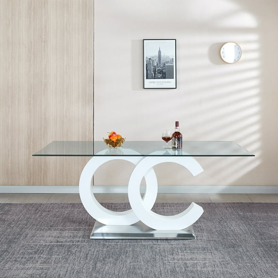 Modern Tempered Glass Dining Table, 70" White Tabletop, Stainless Steel Base, for Dining Room, Easy Clean