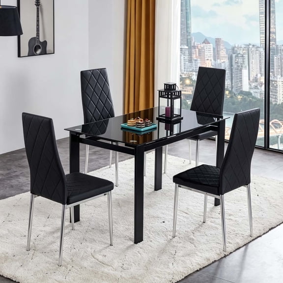 Modern Tempered Glass Dining Table Set of 5, Black Glass Table with 4 PU Leather Dining Chairs, Metal Legs, Space Saving for Kitchen Living Room Dining Room,Ships 2 Pkgs