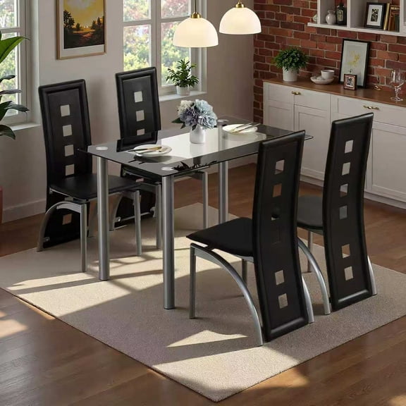 Modern Tempered Glass Dining Table Set of 5, Clear Glass Table with 4 Black PU Leather Dining Chairs, Metal Legs, Space Saving for Kitchen Living Room Dining Room,Ships 2 Pkgs