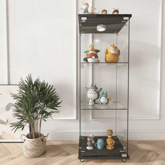 Modern Tempered Glass Display Cabinet with LED Lights - 1-Door 3-Shelf, Black for Living Room & Bedroom
