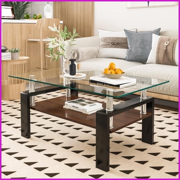 Modern Tempered Glass & MDF Coffee Table for Living Room, Easy-Clean with Storage, 39.2"L x 23.4"W x 17.7"H