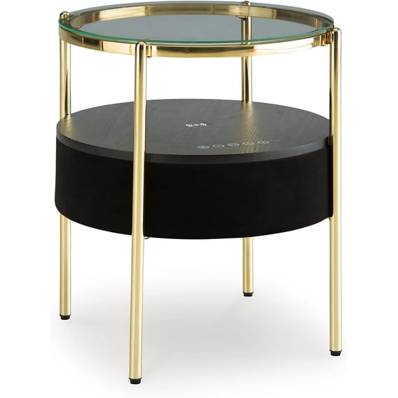 Modern Tempered Glass Tabletop Accent Table with Speaker, Shelf, USB and Qi Wireless Charging Options, Black & Metallic