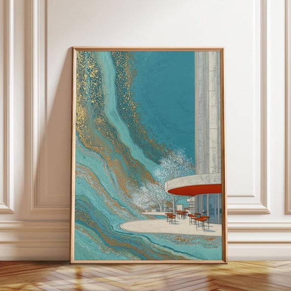Modern Terrace Abstract Turquoise Waves Outdoor Cafe Art, Stretched Canvas 12x16in