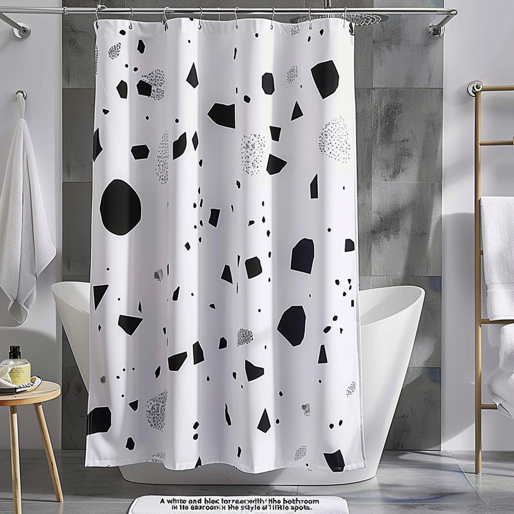 Modern Terrazzo Print Shower Curtain with Black and White Spots on