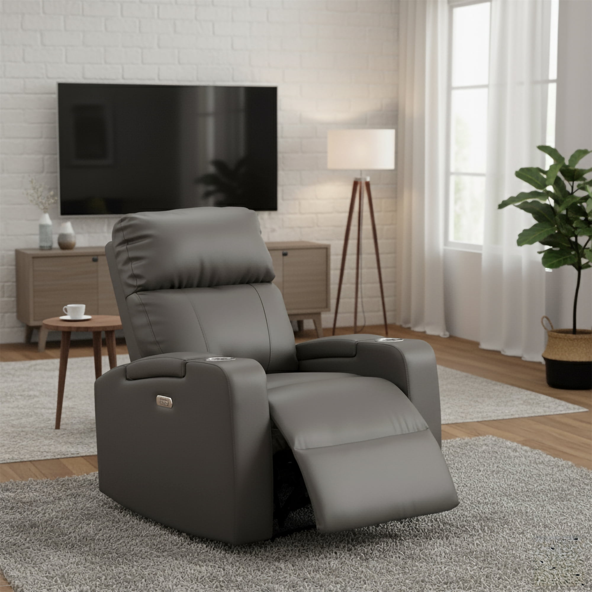 Modern Terry Collection, Upholstered Faux Leather with Electric Power Recliner Chair, Grey