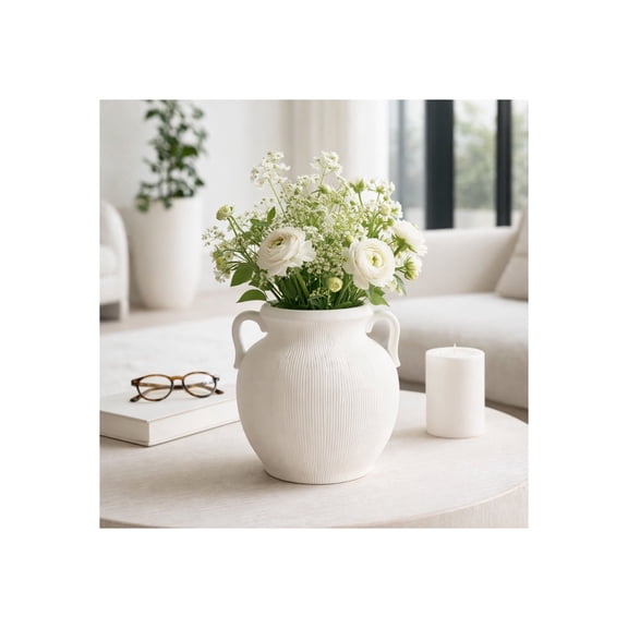 Decorative Textured Jug Vase with Handles for Living Room Decor - Casual Home Decor for Bedroom, Office Desk, or Entryway - Flower Vase for House Accent and Console Table Display - 10", White
