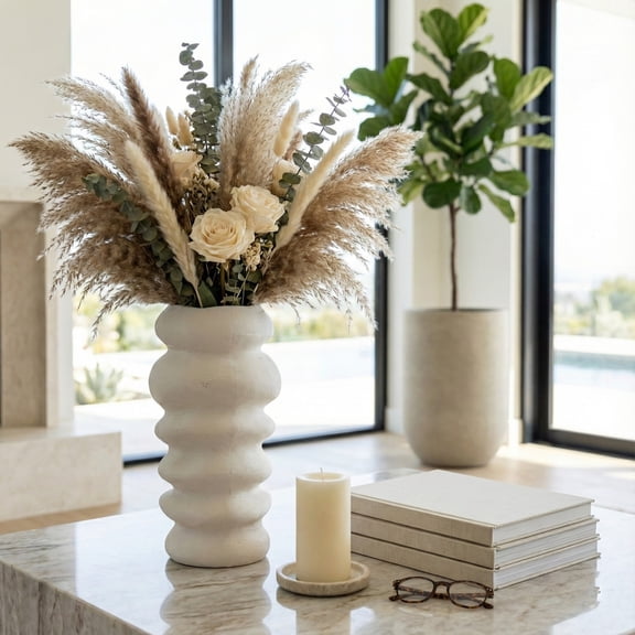 Wavy Stacked Vase for Living Room Decor - Ceramic Flower Vase for Home, Bedroom, House, and Office Table Centerpiece Decor - Modern Stoneware Hand Scribed Accent for Mantel and Console - 16", White