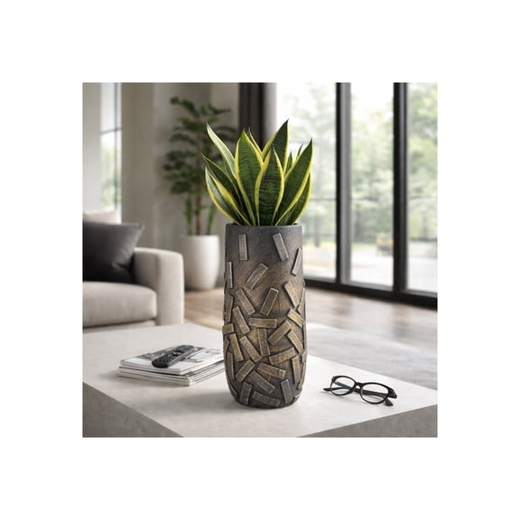 Modern Textured Ceramic Vase for Living Room Decor - Home Decor Accents with Layered Metallic Finish - Decorative Cylindrical Flower Vase for Bedroom, Office, and Table Styling - 15", Bronze & Copper