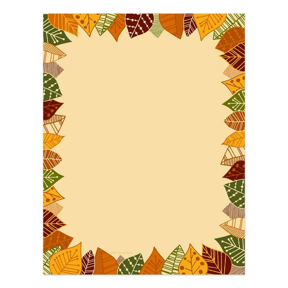 Modern Thanksgiving Leaf Border Letterhead / 50 Seasonal Printer Paper Sheets / 8.5" x 11" Fall Leaves Illustration / Beautiful Autumn Stationery