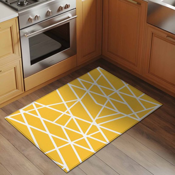 Modern Themed 2x3 Rug for Entryway Front Door Kitchen Sink Area, Irregular Yellow Shapes White Lines Pattern Low Pile Washable Non Slip Rectangle Area Rug
