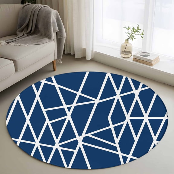 Modern Themed 3FT Round Area Rugs Irregular Blue Shapes White Lines Pattern Soft Small Round Rug Non-Slip, Ultra-Thin Indoor Circle Carpet for Bedroom Entryway Kitchen Bathroom