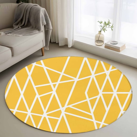 Modern Themed 3FT Round Area Rugs Irregular Yellow Shapes White Lines Pattern Soft Small Round Rug Non-Slip, Ultra-Thin Indoor Circle Carpet for Bedroom Entryway Kitchen Bathroom