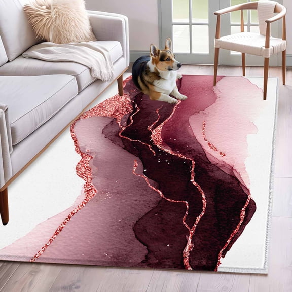 Modern Themed Area Rugs 3x5 ft Simple Red Wave Abstract Artistic Irregular Line Washable Rug Non Slip Indoor Carpet Absorbent Floor Mat for Living Room Bedroom Dining Room