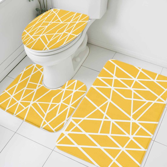 Modern Themed Bathroom Rugs Set Irregular Yellow Shapes White Lines Pattern Non Slip Absorbent Soft Bath Mats 3 Piece Set with Bathroom Rug, U-Shaped Floor Mat, Toilet Seat Cover Small Size