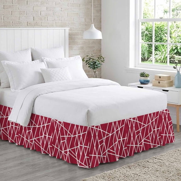 Modern Themed Bed Skirt King Size 18 Inch Drop, Irregular Bright Red Shapes White Lines Pattern Adjustable Elastic Dust Ruffles Bedskirt for King Bed Wrap Around Pleated Mattress Frame Cover