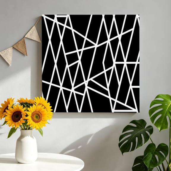 Modern Themed Canvas Wall Art, Irregular Black Shapes White Lines Pattern Framed Canvas Wall Decor Picture Print Artwork Decorations for Living Room Office Ready to Hang 8" x 8"