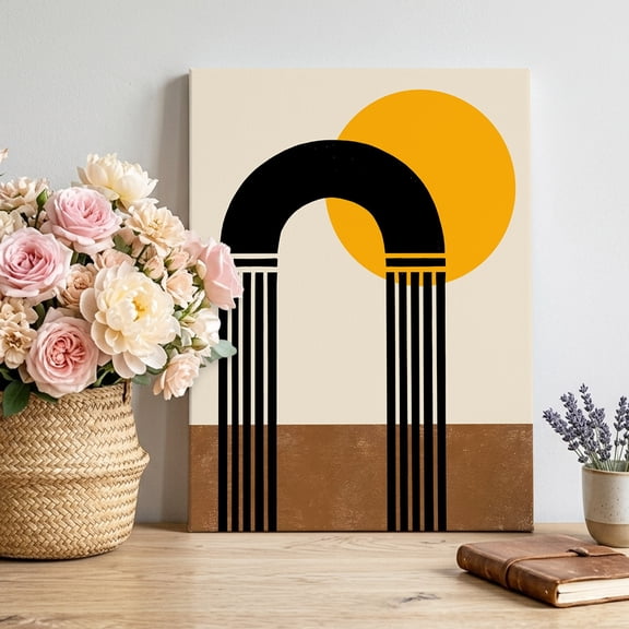 Modern Themed Canvas Wall Art, Simple Yellow Round Circle Black Brown Geometric Framed Canvas Wall Decor Picture Print Artwork Decorations for Living Room Office Ready to Hang 32" x 24"