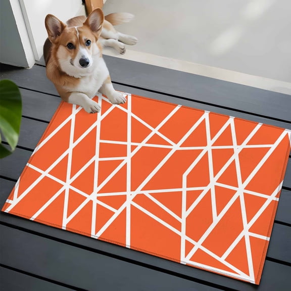 Modern Themed Front Door Rugs 2x3 ft Irregular Orange Shapes White Lines Pattern Small Rug for Entryway Non Slip Washable Bathroom Door Mat Absorbent Floor Mat for Indoor Entrance