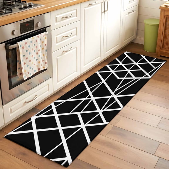 Modern Themed Hallway Washable Runner Rug 2x6 Irregular Black Shapes White Lines Pattern Kitchen Runner Mat with Non Slip Backing Low Pile Thin Floor Carpet for Indoor Bedroom Living Room