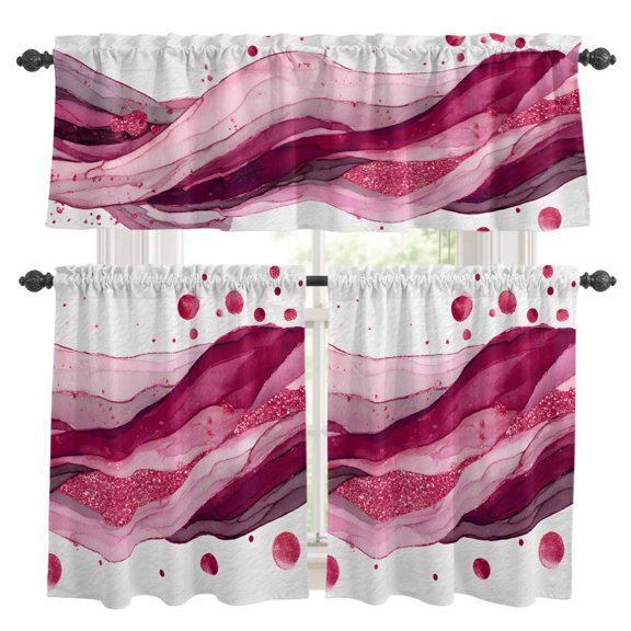Modern Themed Kitchen Curtains Valances and Tiers Set of 3 Minimalism Wave Abstract Artistic Irregular Line Tier Curtains and Valance with Rod Pocket for Small Windows, 27.5"x24"
