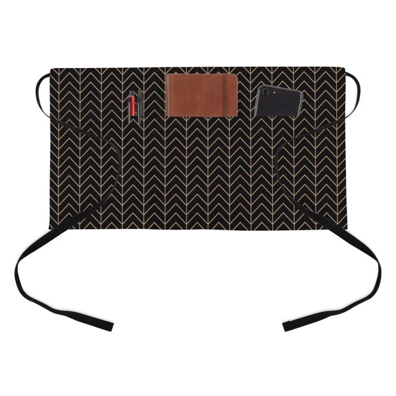 Modern Themed Kitchen Restaurant Half Waist Apron, Yellow Line Wave Irregular Lines Minimalism Server Short Apron with 3 Pockets Waterproof Oil Waist Aprons for Women Waitress Waiter
