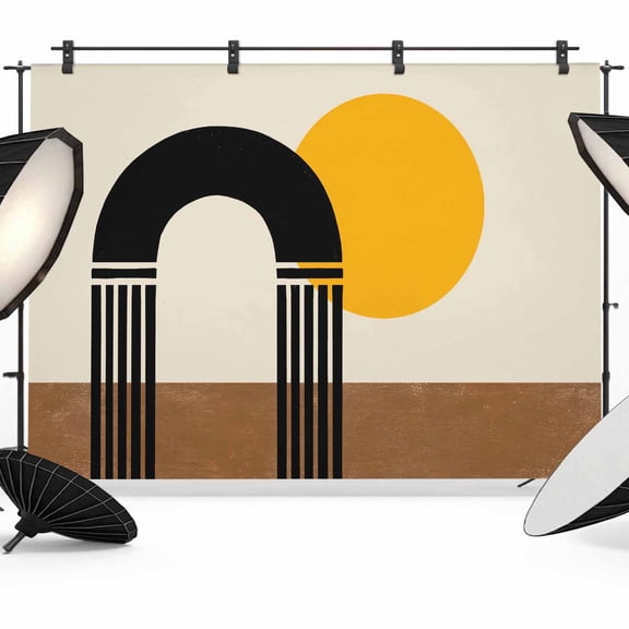 Modern Themed Photography Backdrop 7x5FT, Simple Yellow Round Circle Black Brown Geometric Photo Backdrops, Background for Photography Studio Photo Studio Background, Back Drop for Photoshoot