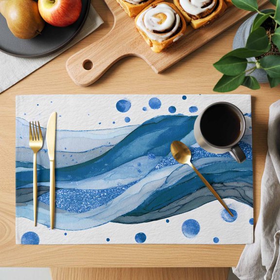 Modern Themed Placemats Set of 1, Minimalism Blue Wave Abstract Artistic Irregular Line Heat Insulated Linen Place Mats, Washable Stain-Proof Table Mats for Dining Tables Holiday Decor 13x19 Inches