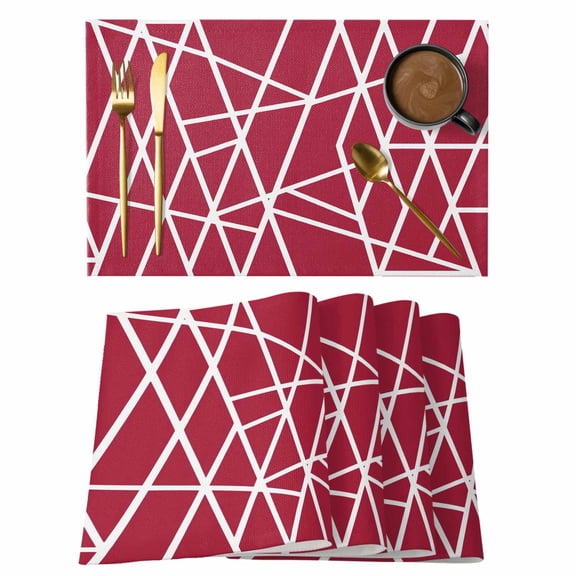 Modern Themed Placemats Set of 4 Irregular Bright Red Shapes White Lines Pattern Heat Insulation Washable Place Mats, Rustic Non-Slip Table Mats for Dining Table Party Kitchen Decor,13x19 Inch