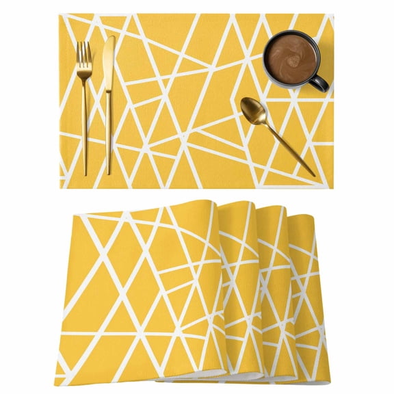 Modern Themed Placemats Set of 4 Irregular Yellow Shapes White Lines Pattern Heat Insulation Washable Place Mats, Rustic Non-Slip Table Mats for Dining Table Party Kitchen Decor,13x19 Inch