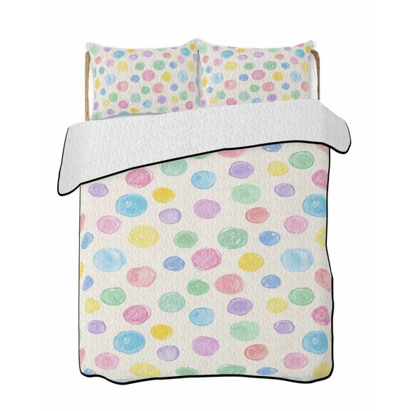 Modern Themed Quilts Bedding Set Queen Size Watercolor Polka Dot Colorful Bubble Cartoon Lightweight Quilted Bedspread 3 Piece Bed Quilt with 2 Pillow Shams All Season for Bedroom 78" x 90"