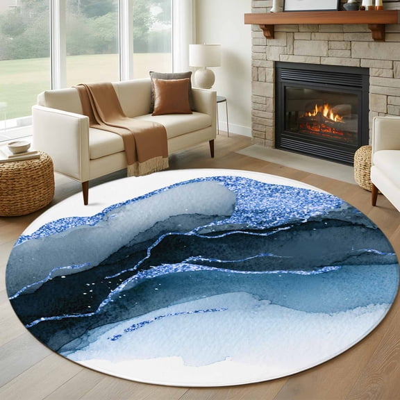 Modern Themed Round Living Room Rugs 8 ft, Simple Blue Wave Abstract Artistic Irregular Line Washable Large Area Rug with Non-Slip Sturdy Edge Binding Round Carpet for Dining Room Kitchen Office