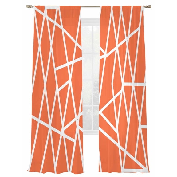 Modern Themed Sheer Curtains 84 Inch Long 2 Panels, Irregular Orange Shapes White Lines Pattern Light Filtering Rod Pocket Curtains, Sheer Voile Drapes for Living Room Bedroom, 52"x84"