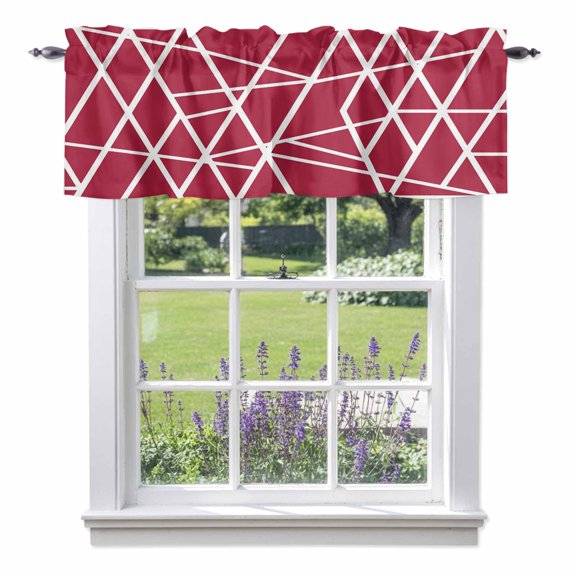 Modern Themed Valances for Windows Irregular Bright Red Shapes White Lines Pattern Rod Pocket Cafe Window Treatments Valance Curtains for Kitchen Bathroom Laundry Basement Windows 56"x16"
