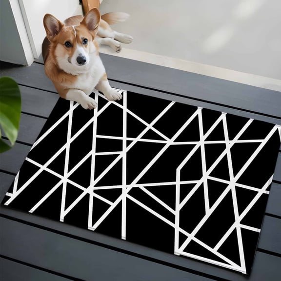 Modern Themed Washable Entry Rug 2x3 Irregular Black Shapes White Lines Pattern Low Pile Indoor Door Mat with Rubber Backing Thin Area Rug for for Entrance, Bedroom, Kitchen, Laundry, Bathroom