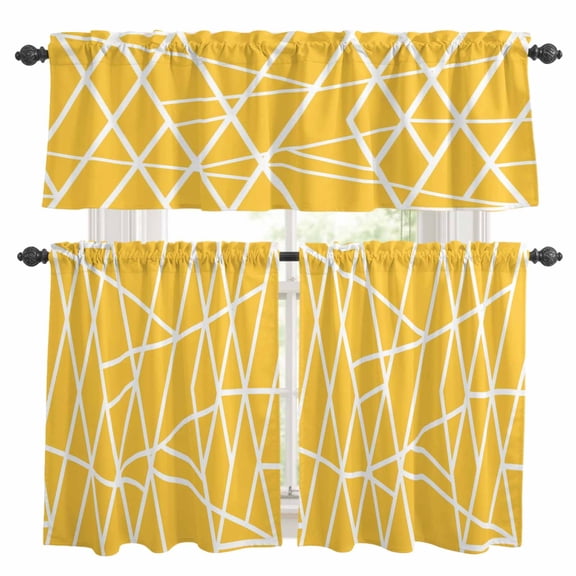 Modern Themed Window Curtains Valance Set of 3 Irregular Yellow Shapes White Lines Pattern Rod Pocket Small Kitchen Curtain, Soft Window Treatment for Bedroom Party Holiday Decor