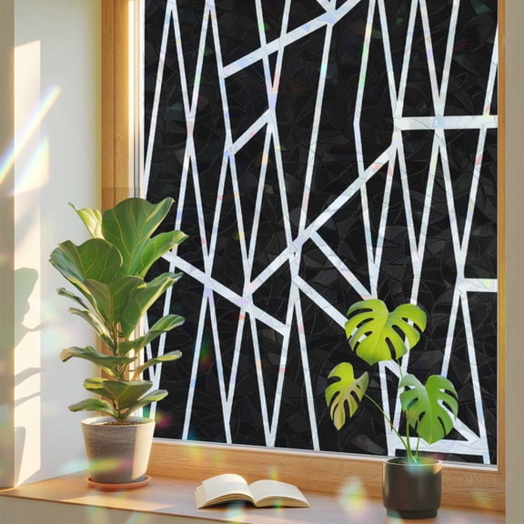 Modern Themed Window Privacy Film, Irregular Black Shapes White Lines Pattern Stained Glass Rainbow Film Decorative Window Clings, Static Cling Sun Blocking Stickers 23.6" x 59"