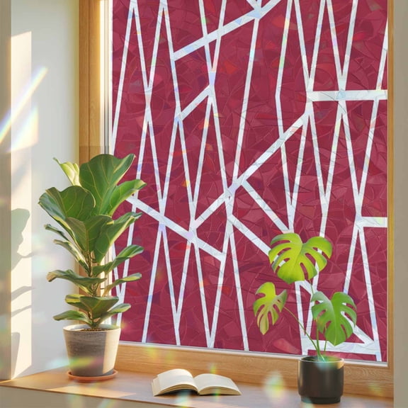 Modern Themed Window Privacy Film, Irregular Bright Red Shapes White Lines Pattern Stained Glass Rainbow Film Decorative Window Clings, Static Cling Sun Blocking Stickers 17.7" x 39.3"