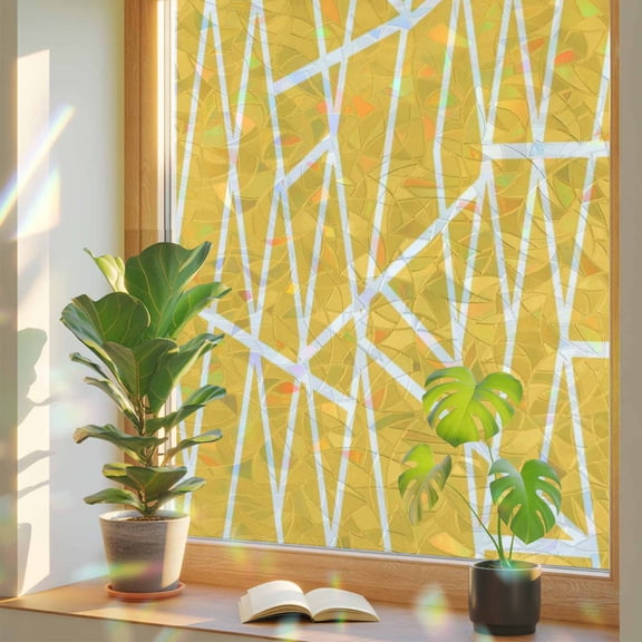 Modern Themed Window Privacy Film, Irregular Yellow Shapes White Lines Pattern Stained Glass Rainbow Film Decorative Window Clings, Static Cling Sun Blocking Stickers 23.6" x 59"