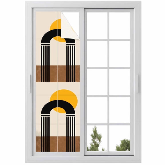 Modern Themed Window Privacy Film, Simple Yellow Round Circle Black Brown Geometric Frosted Glass Window Clings Static Cling UV Heat Blocking Reusable Door Sticker for Bathroom 29.5 x 118 Inch