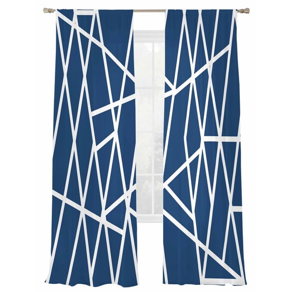 Modern Themed Window Sheer Curtain Irregular Blue Shapes White Lines Pattern Semi Curtain Sheers Light Filtering Rod Pocket Voile Drapes for Bedroom Kitchen Living Room 52 X 108 Inch, 2 Panels