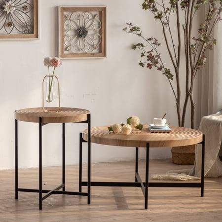 Modern Thread Design Round Coffee Table , MDF Table Top with Cross Legs Metal Base(Two-piece Set)