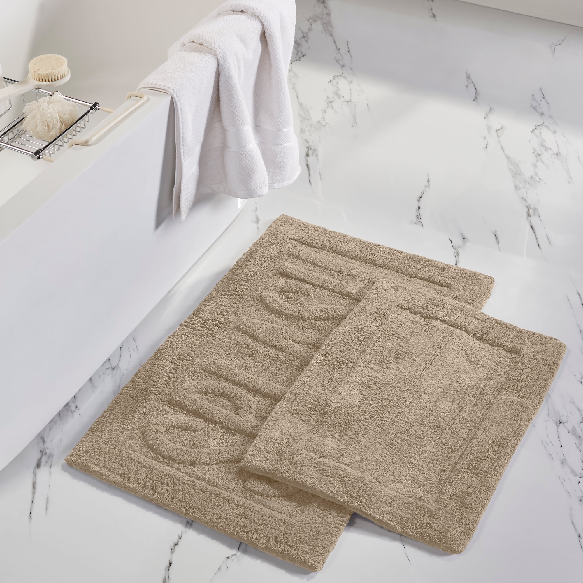 Khaki Cotton Tufted Bath Mat Set with Non-Slip Backing