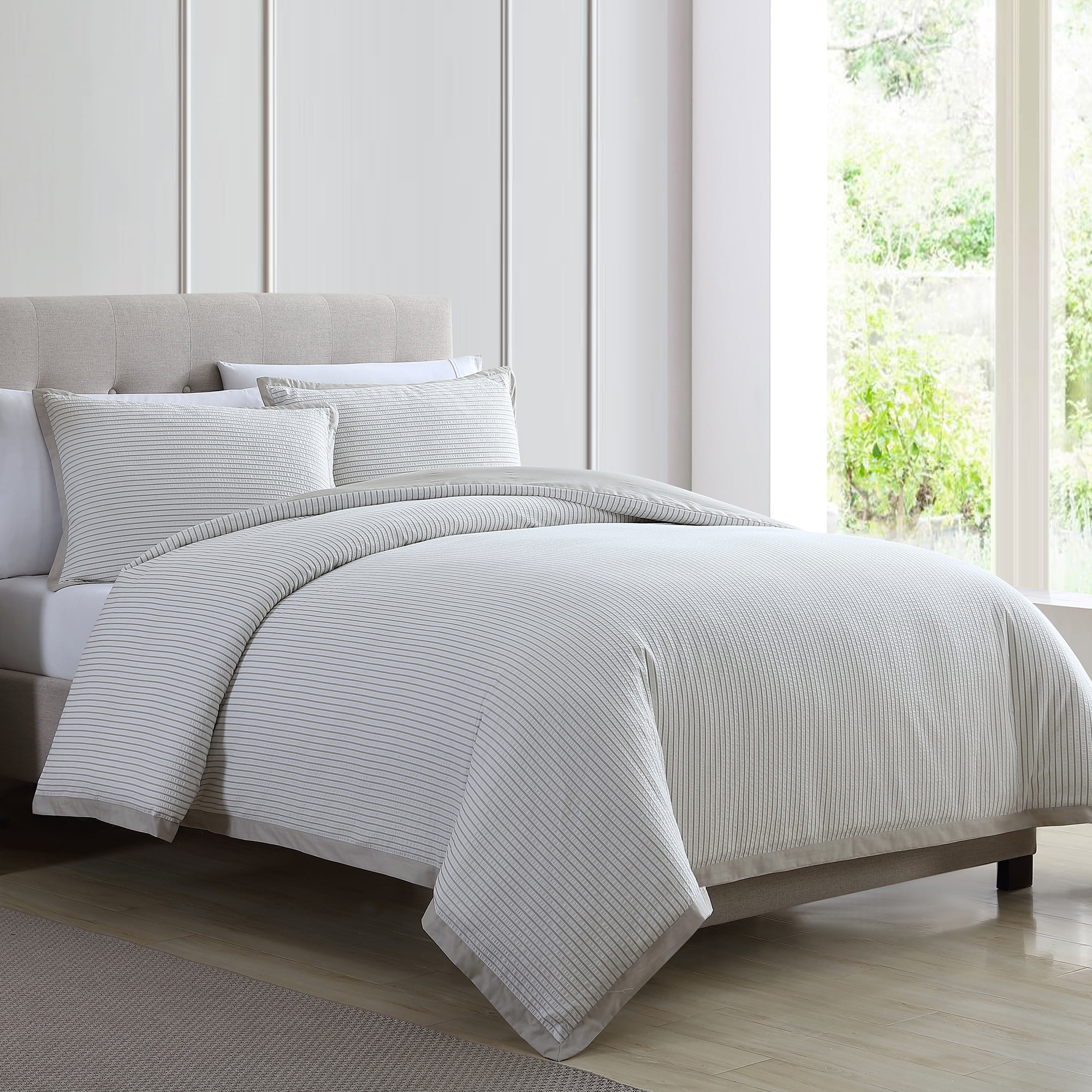 Gray King Cotton Striped Seersucker Duvet Cover Set