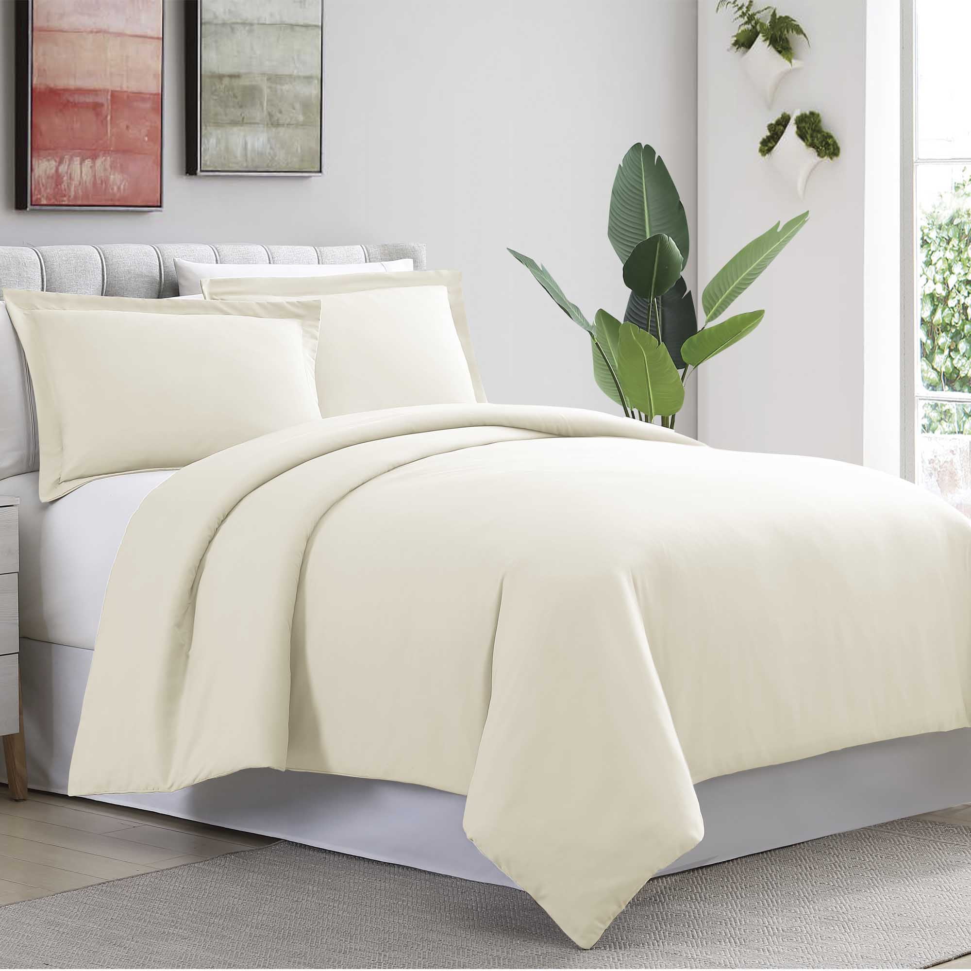 Ivory Full/Queen Microfiber Duvet Cover Set with Button Closure