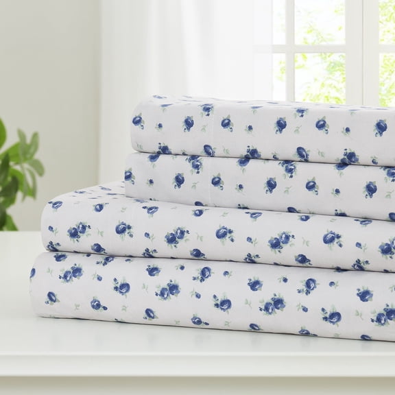 Modern Threads Sweet Rose 4-Piece Blue Printed Microfiber Adult Sheet Set, Queen